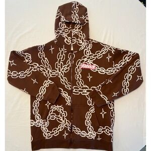 Salem7 Brown Chain Print Full Zip Up‎ Hoodie Menswear Graphic Streetwear